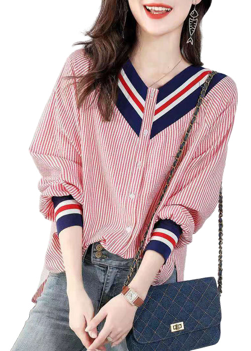 Kvinders V-hals Bluse Stribet Loose Fit 0