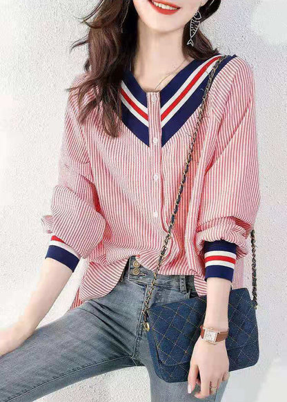 Kvinders V-hals Bluse Stribet Loose Fit 2