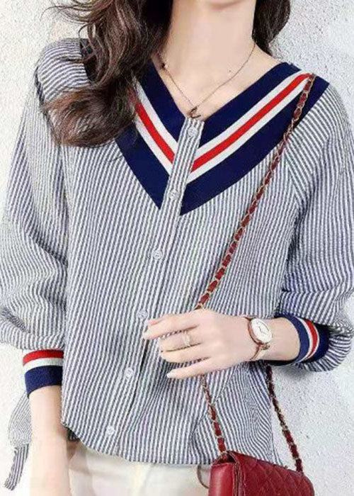 Kvinders V-hals Bluse Stribet Loose Fit 3
