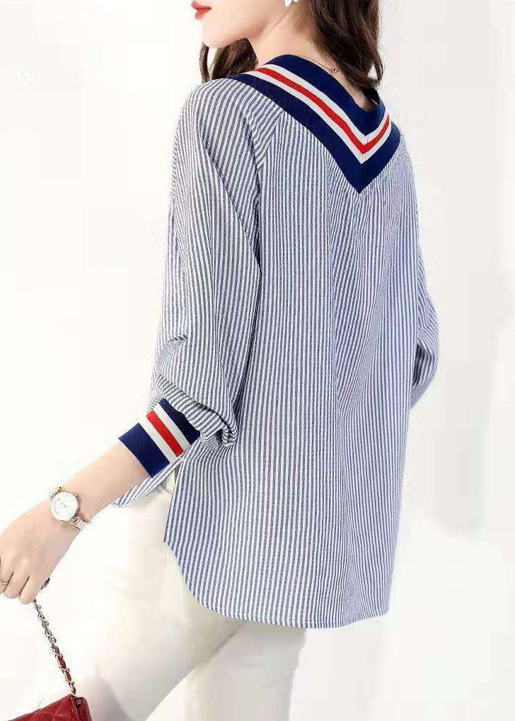 Kvinders V-hals Bluse Stribet Loose Fit 4