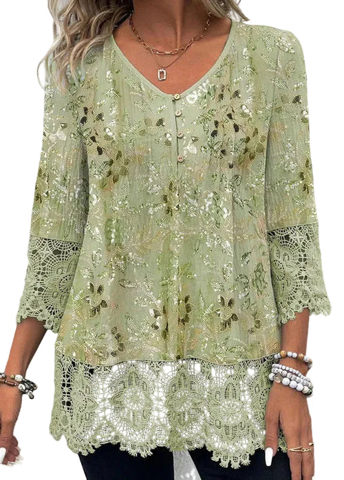 Kvinders V-hals Chiffon Bluse med Print 0