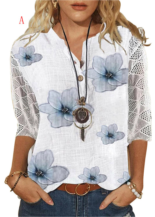 Kvinders V-hals Printet Bluse med Blonde Detaljer 0