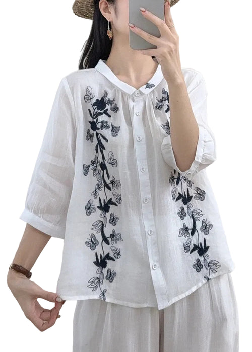 Kvinders Vintage Bluse med Broderede Sommerfugle og Armbånd Ærmer 0