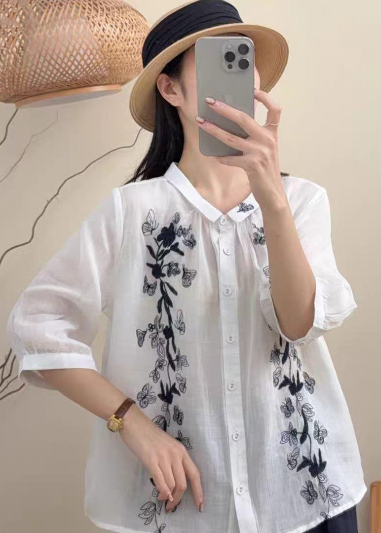 Kvinders Vintage Bluse med Broderede Sommerfugle og Armbånd Ærmer 1