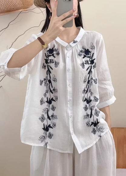 Kvinders Vintage Bluse med Broderede Sommerfugle og Armbånd Ærmer 2