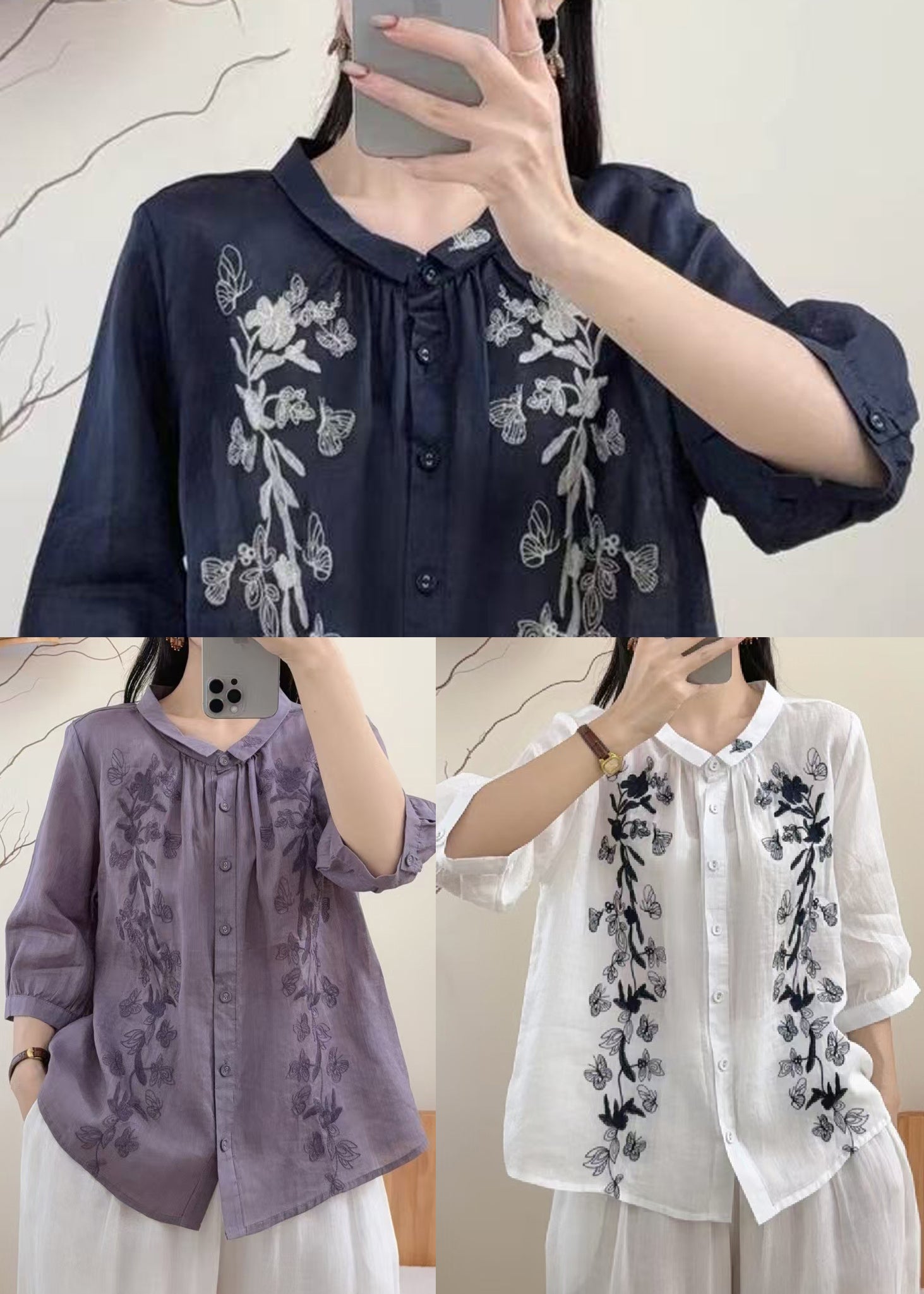 Kvinders Vintage Bluse med Broderede Sommerfugle og Armbånd Ærmer 4