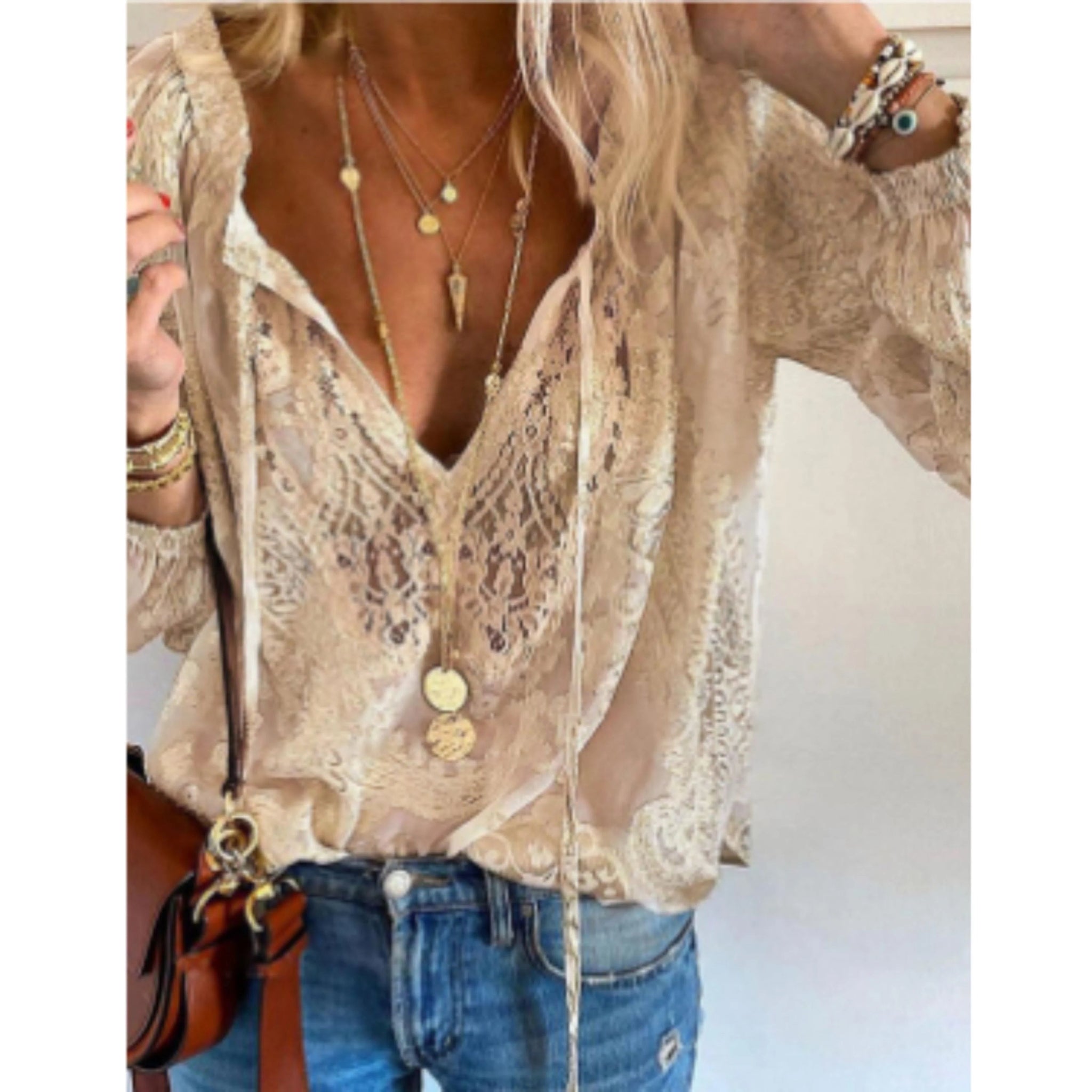 Kvinders Vintage Bluse med Lange Ærmer 0
