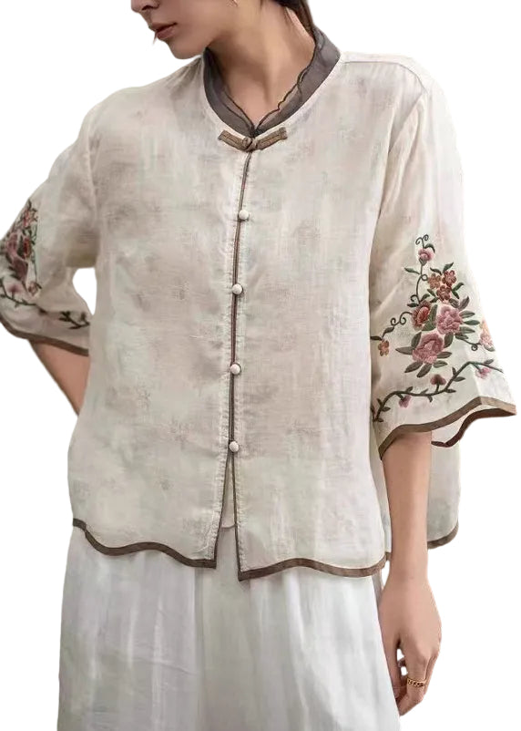 Kvinders Vintage Broderet Bluse med Kinesisk Knap 0