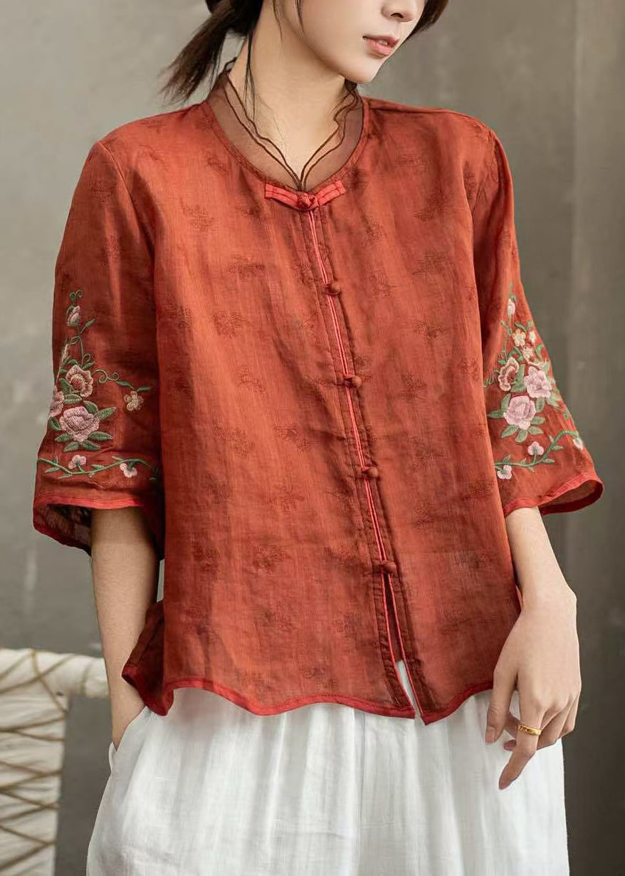 Kvinders Vintage Broderet Bluse med Kinesisk Knap 1