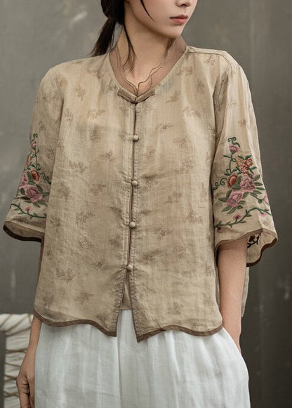 Kvinders Vintage Broderet Bluse med Kinesisk Knap 2