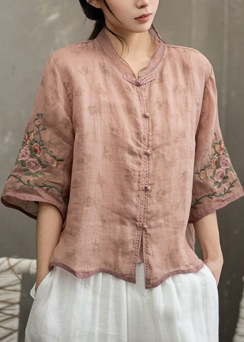 Kvinders Vintage Broderet Bluse med Kinesisk Knap 3