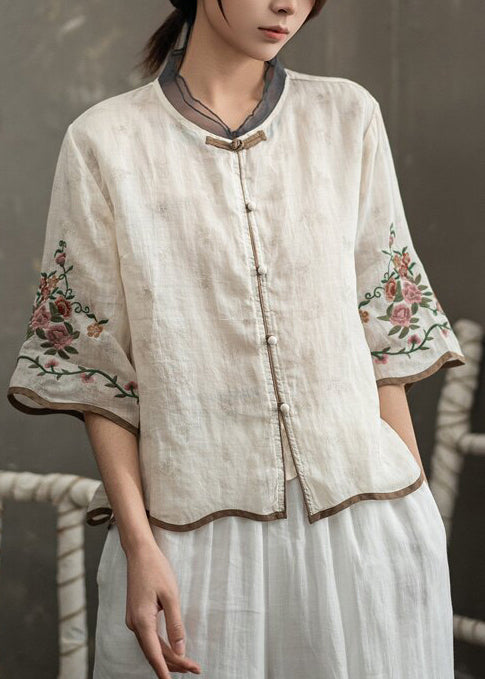 Kvinders Vintage Broderet Bluse med Kinesisk Knap 4