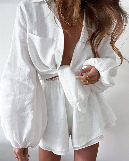 Kvinder Linned Sæt Bluse og Shorts Sommer Komfortabelt Design-3