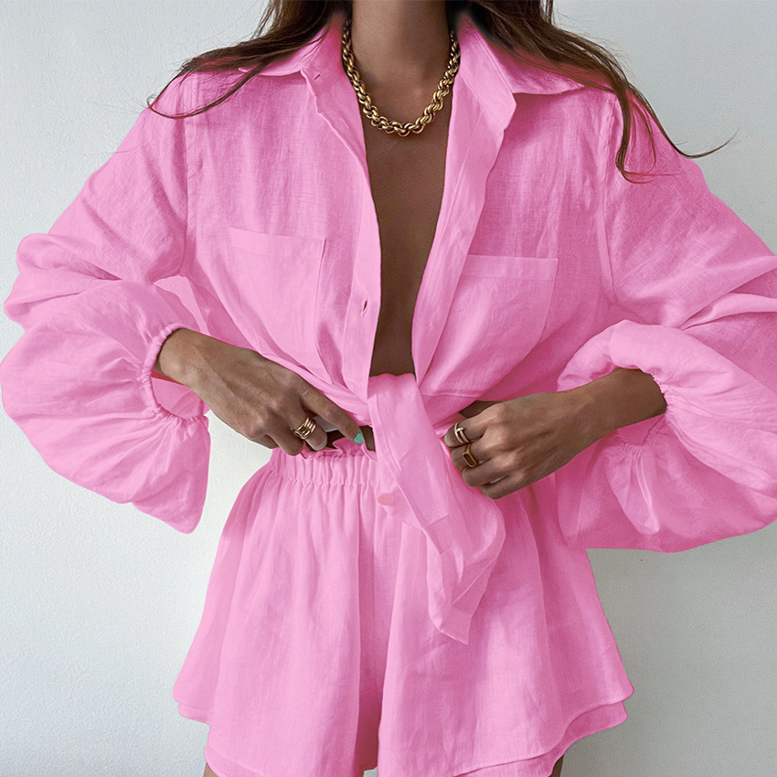 Kvinder Linned Sæt Bluse og Shorts Sommer Komfortabelt Design-4