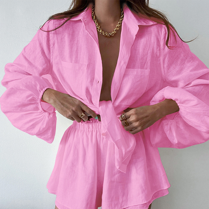 Kvinder Linned Sæt Bluse og Shorts Sommer Komfortabelt Design-4