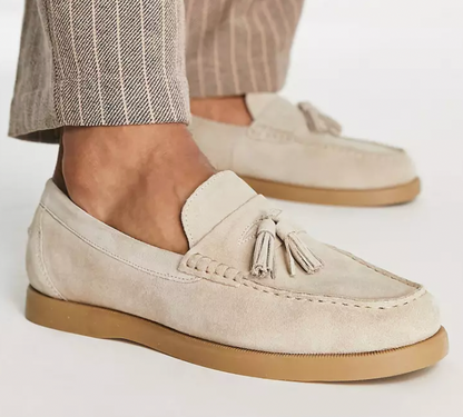 Mænds Læder Loafers Elegant Beige Perforeret Design-2