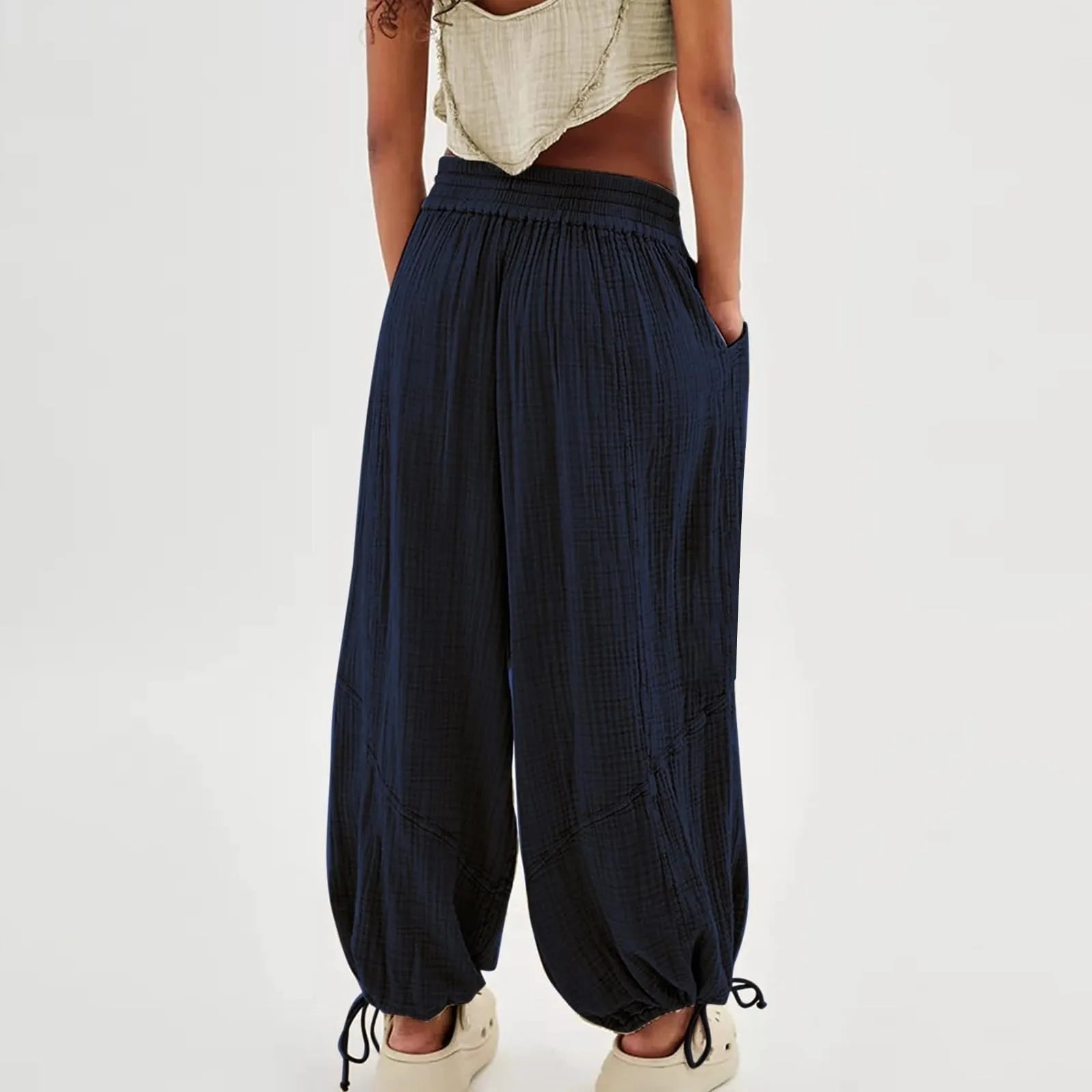 Løse Bukser Dame Elastisk Talje Bred Ben Polyester Spandex Bomuld 2
