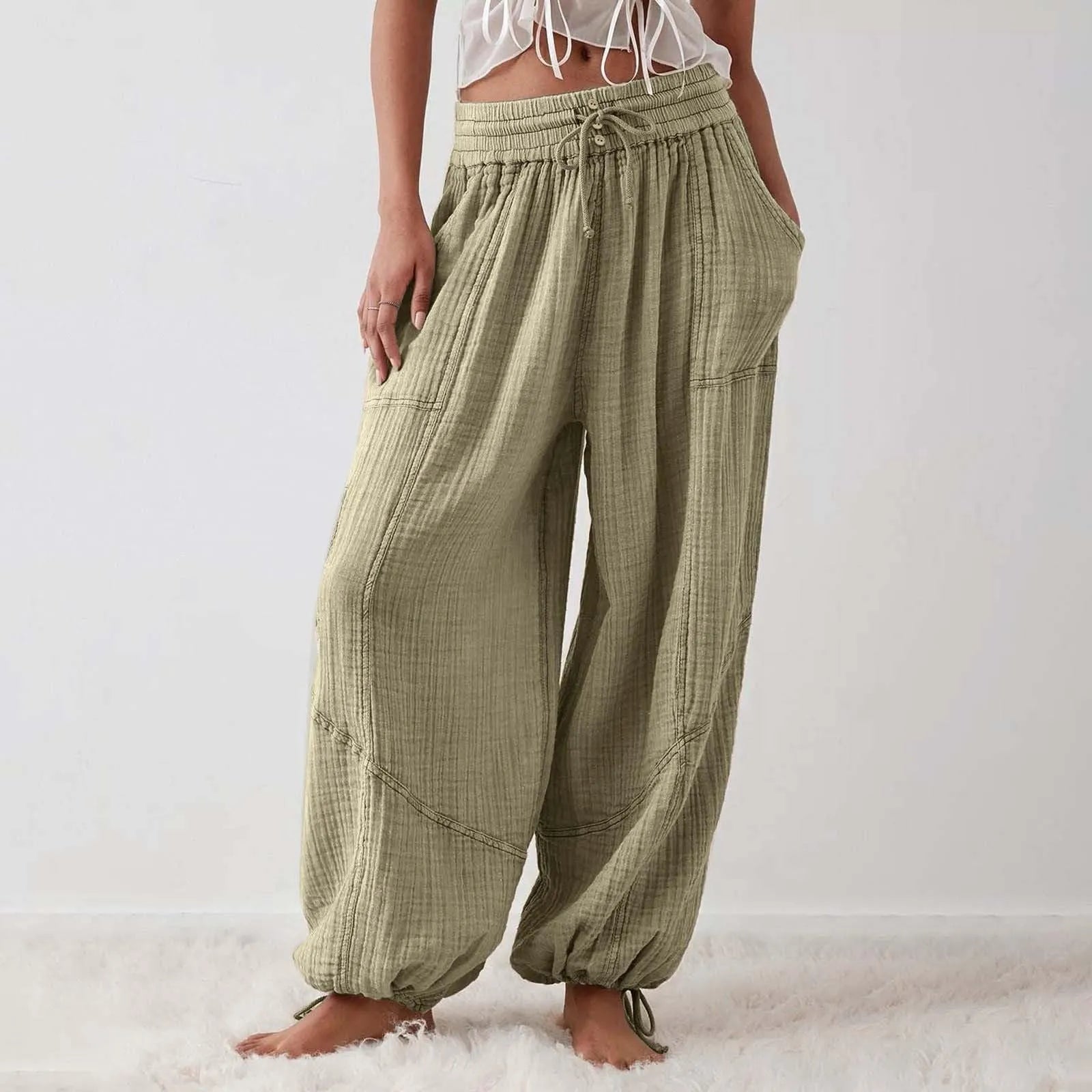 Løse Bukser Dame Elastisk Talje Bred Ben Polyester Spandex Bomuld 6