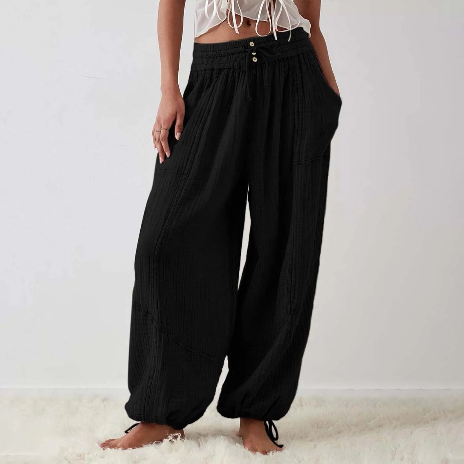 Løse Bukser Dame Elastisk Talje Bred Ben Polyester Spandex Bomuld 8