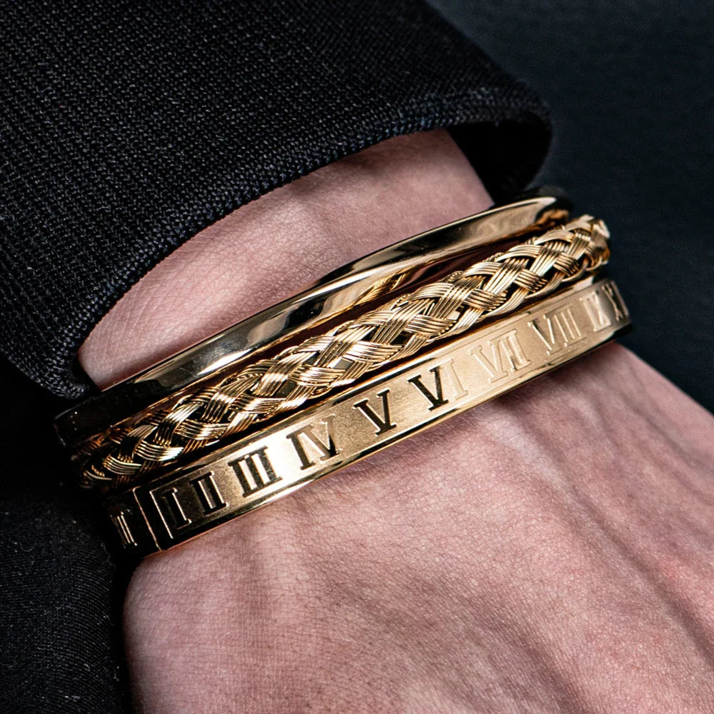 Mænds Armbåndsæt med Romertal og Flettet Design 1