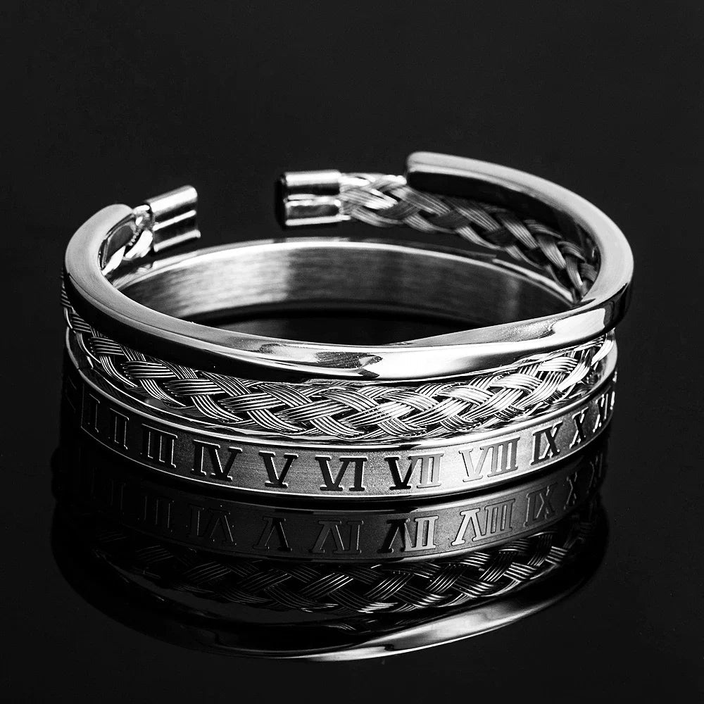 Mænds Armbåndsæt med Romertal og Flettet Design 4