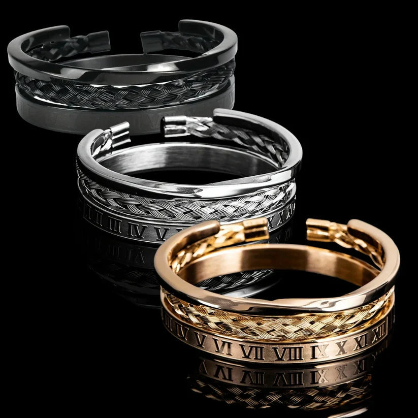 Mænds Armbåndsæt med Romertal og Flettet Design 6
