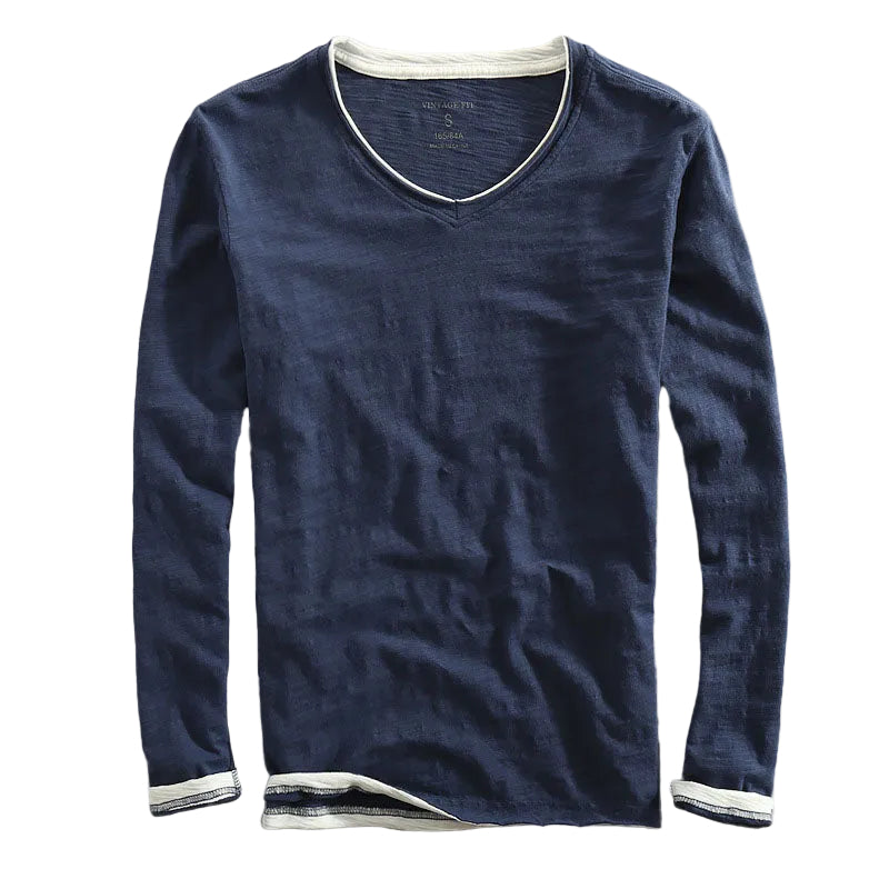 Mænds Langærmet T-Shirt V-Hals Med Kontraststrimning 0
