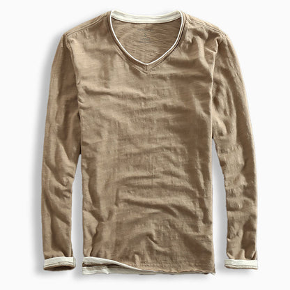 Mænds Langærmet T-Shirt V-Hals Med Kontraststrimning 1