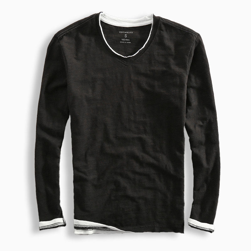 Mænds Langærmet T-Shirt V-Hals Med Kontraststrimning 2