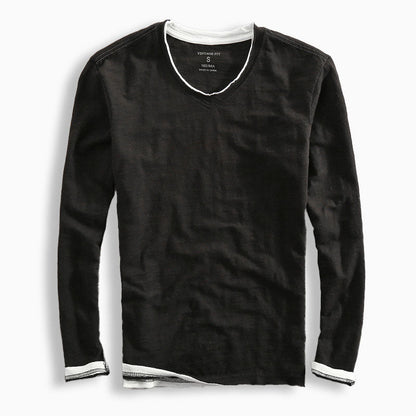 Mænds Langærmet T-Shirt V-Hals Med Kontraststrimning 2