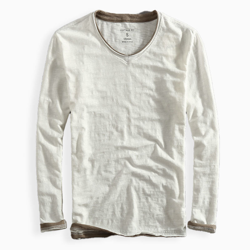 Mænds Langærmet T-Shirt V-Hals Med Kontraststrimning 3