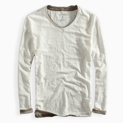 Mænds Langærmet T-Shirt V-Hals Med Kontraststrimning 3