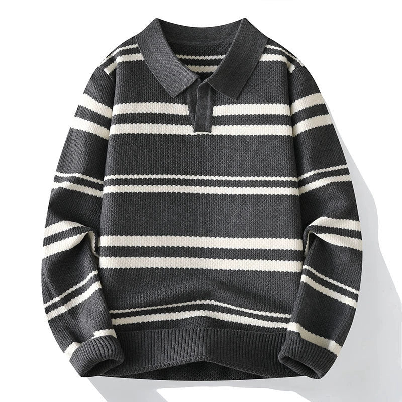 Mænds Pullover med Striber og Turn-Down Krave 2
