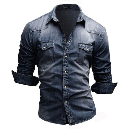 Mænds Retro Denim Skjorte med Knaplommer 5