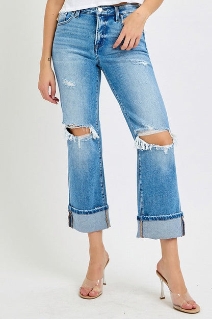 Mænds Straight Jeans Cuffed Mid Rise Denim 2