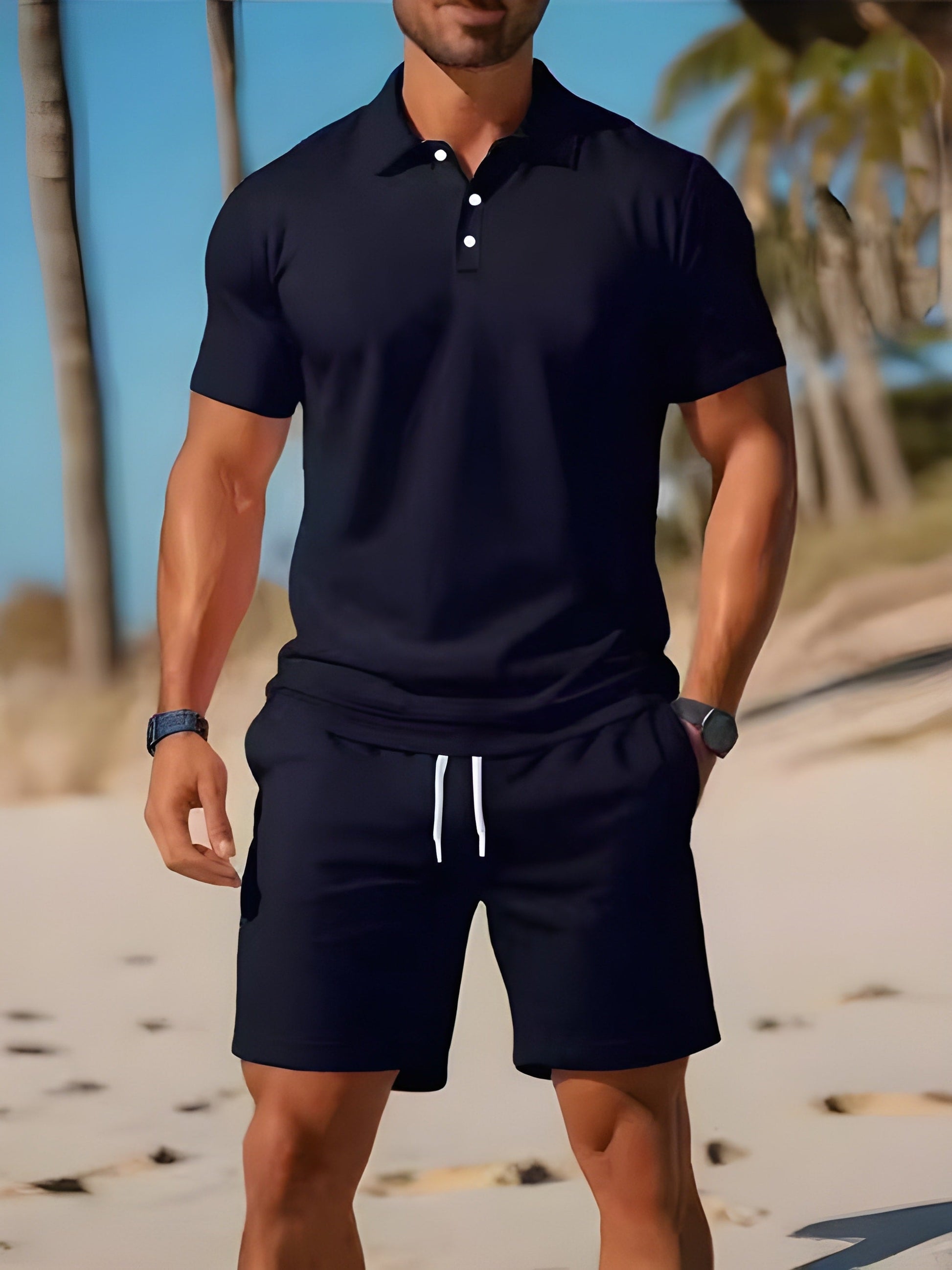 Mænds Todelt Sæt med Kortærmet Poloshirt og Shorts 3