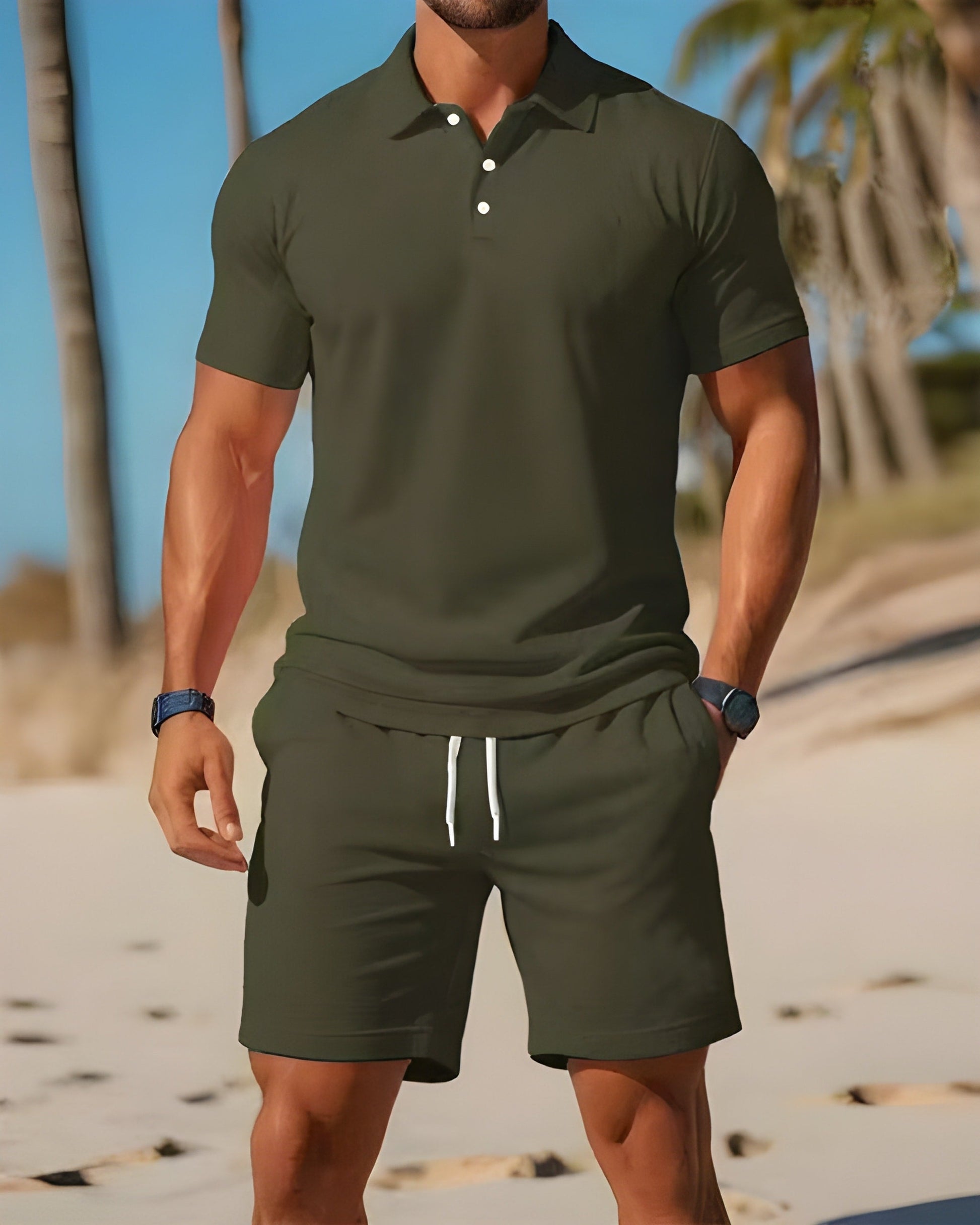 Mænds Todelt Sæt med Kortærmet Poloshirt og Shorts 4