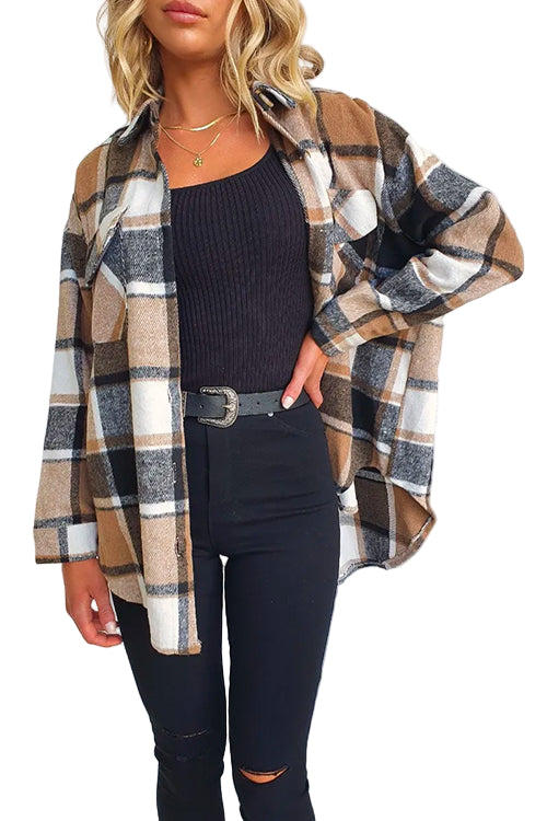 Overgangsjakke Dame Plaid Shacket med Revers og Knapper 0