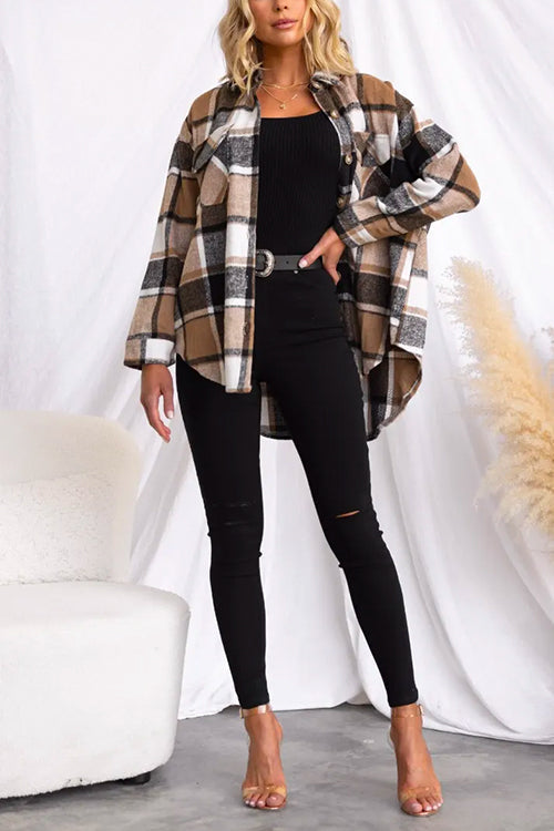 Overgangsjakke Dame Plaid Shacket med Revers og Knapper 1