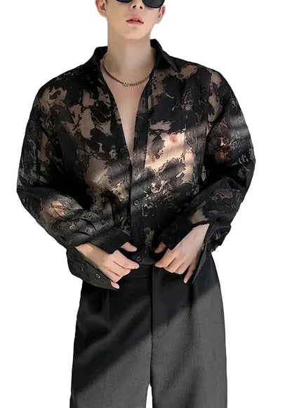 Oversized Herre Skjorte Med Print Og Udhulede Detaljer 0