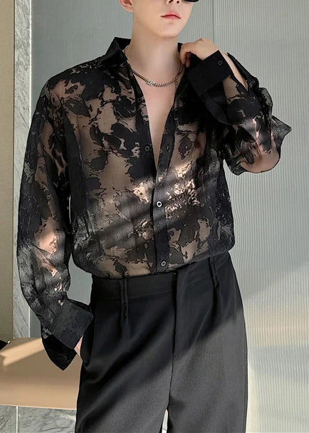 Oversized Herre Skjorte Med Print Og Udhulede Detaljer 2