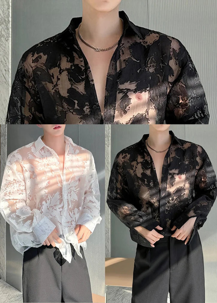 Oversized Herre Skjorte Med Print Og Udhulede Detaljer 3