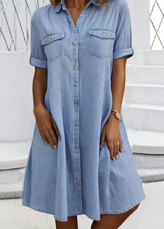 Plus Size Denimkjole med Peter Pan Krave og Lommer 0
