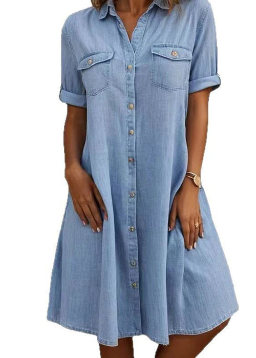 Plus Size Denimkjole med Peter Pan Krave og Lommer 4