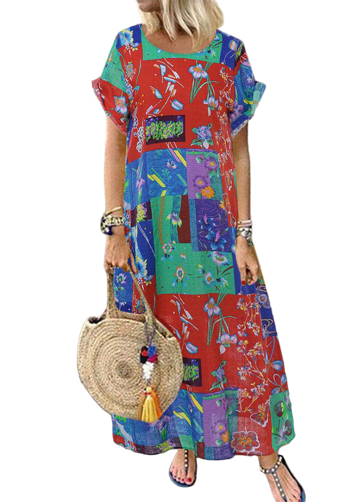 Plus Size Kortærmet Bohemian Kjole Med Unikt Print 0