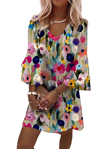 Plus Size Mid Dress V-hals Print 0