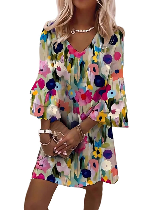 Plus Size Mid Dress V-hals Print 0