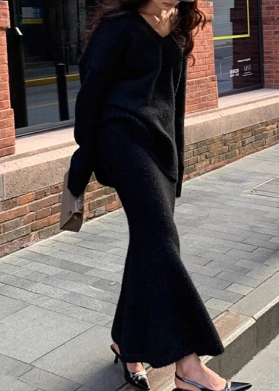 Plus Size Sæt med Striktrøje og Maxi Nederdel 1