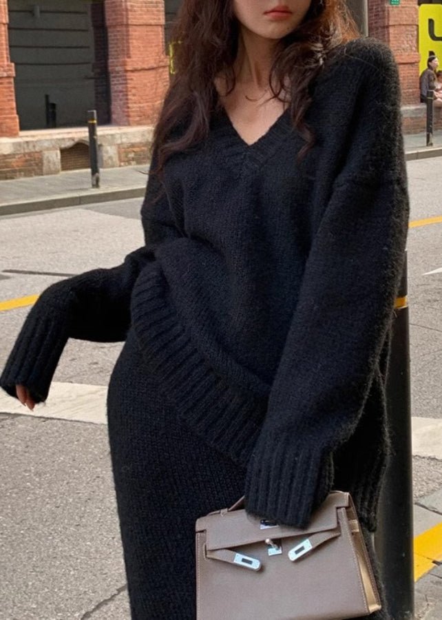 Plus Size Sæt med Striktrøje og Maxi Nederdel 3