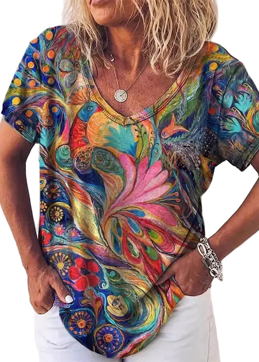 Plus Size T-shirt med V-hals og Print 0